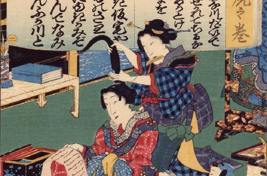 《葉うた虎之巻》（部分）　豊原国周　文久頃（1861～1864）
扱うのが大変な長い髪を結ってもらっている。ちなみに結髪師という職業が盛んになったのは江戸時代に入ってからのこと。