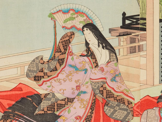 《源三位頼政》（部分）　楊洲周延　明治29年（1896）
独自の髪型とファッションを纏った平安時代の女性。美人といえば「白い肌」が代名詞に。