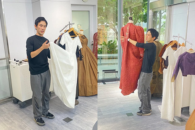 左）1840年代の貴重なアンダードレス
右）西洋の人々がイメージするジャポニズムを表現したティーガウン