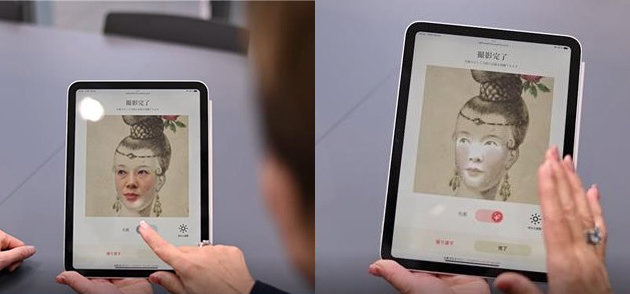 左）絵画のモデルになった気分で顔をはめて撮影
右）メイクフィルターボタンを押すと、肌色やお化粧などが施され変化が一目瞭然！