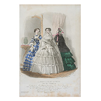 1855年のクリノリンスタイルのウェディングドレスの花嫁と介添え（『ル・モニチュール・ド・ラ・モード』1885年より）